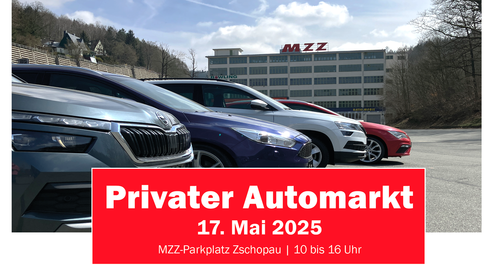 Bild am Webseitenkopf mit Menschen und Fahrzeugen, 17. Mai 2025, Privater Automarkt, MZZ-Parkplatz Zschopau | 10 bis 16 Uhr